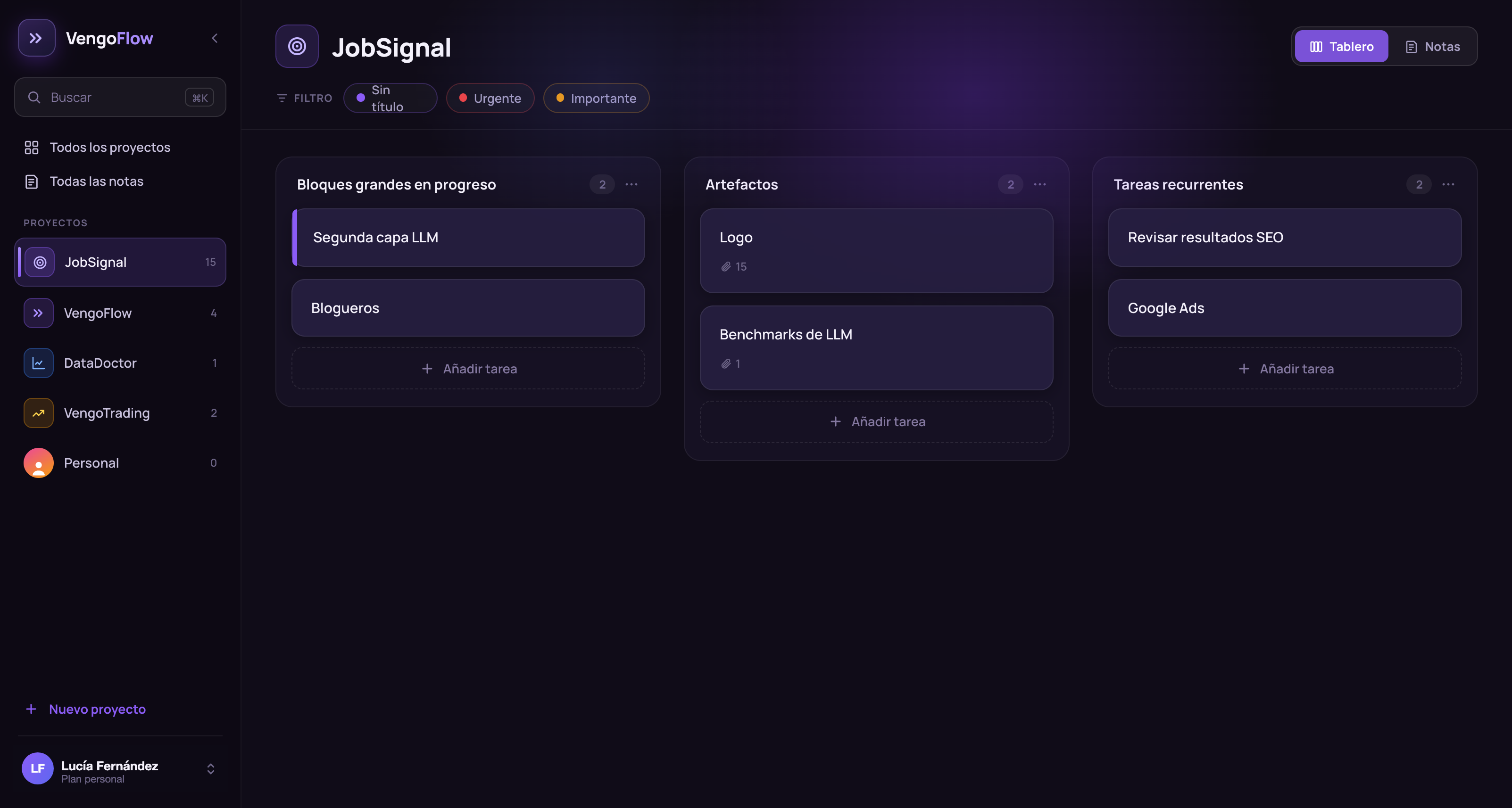 El tablero JobSignal en VengoFlow