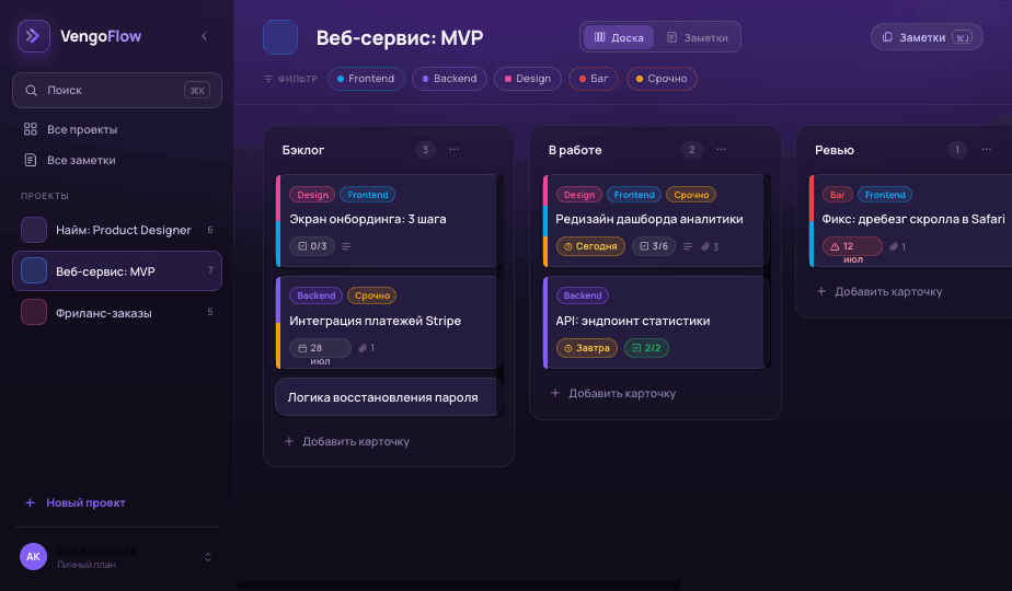 Доска проекта VengoFlow